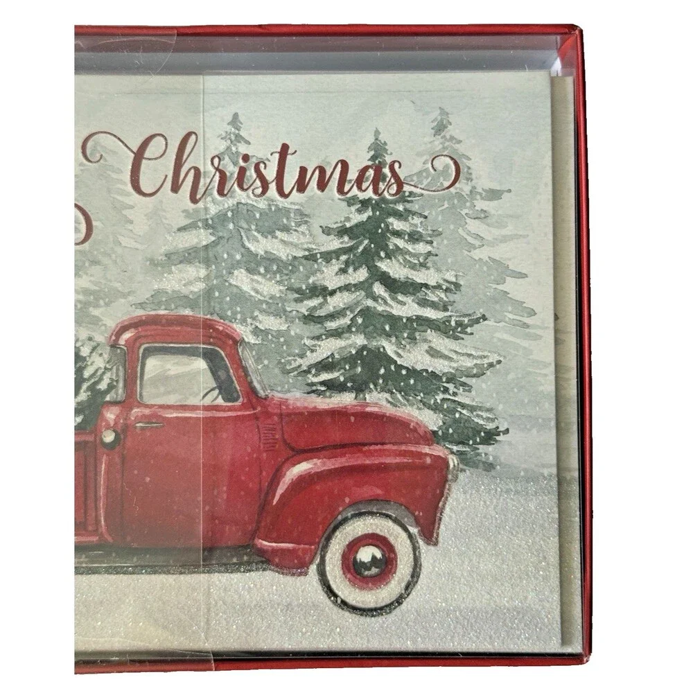 Punch Studio Christmas Cards Box Of 15 Red Farm Truck Christmas Tree Embellished
